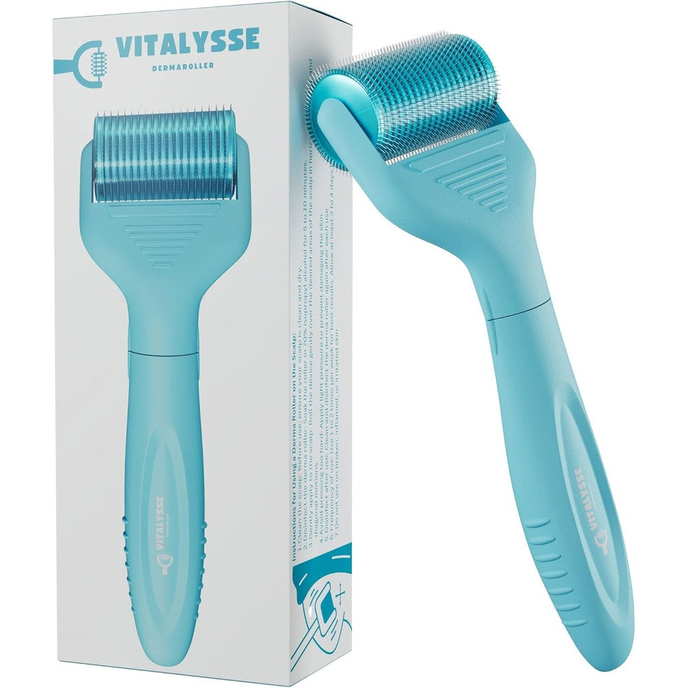 Vitalysse Scalp Derma Roller 0.25mm microneedling tool front view showing light blue handle and titanium needle head.
