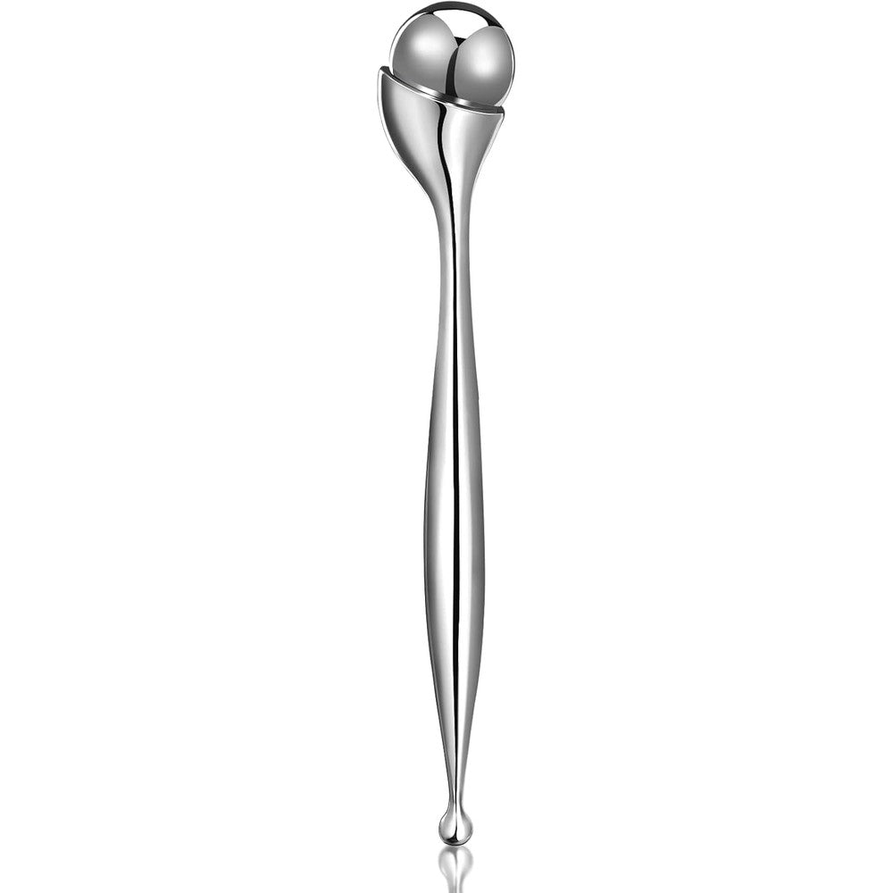 QooWo 2-in-1 Eye Cream Applicator and Ice Roller front view premium stainless steel facial massager tool.
