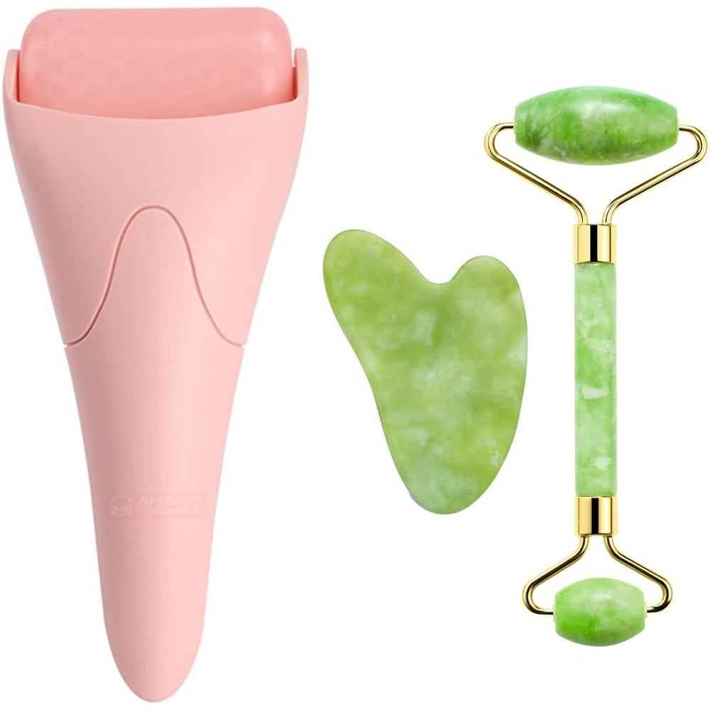 Chikoni AECW 3-in-1 Natural Jade Roller and Gua Sha Set front view featuring the green stone facial roller, heart-shaped scraping tool, and pink ice roller for anti-wrinkle massage.