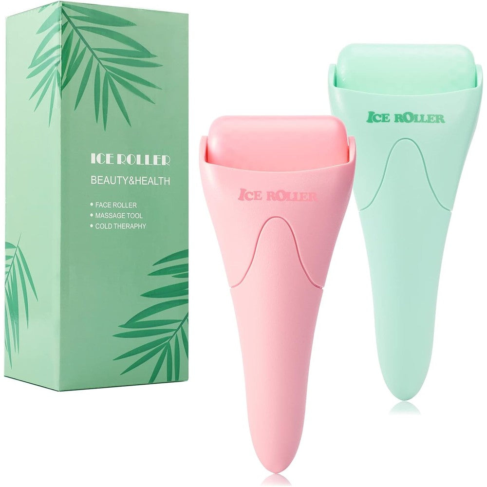 Wonderwin 2 Pack Ice Roller for face and body massage front view featuring pink and green detachable cold therapy heads