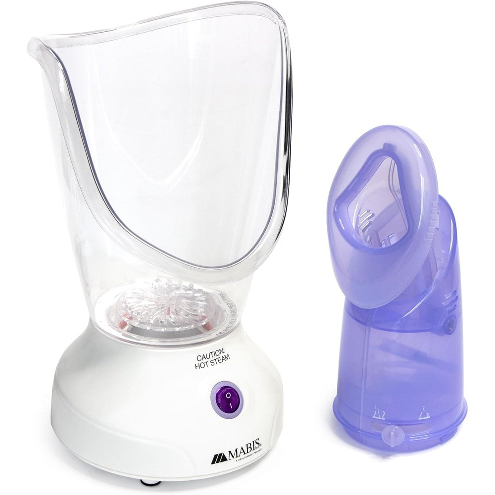 Mabis Steam Inhaler with clear facial mask and purple nasal attachment front view