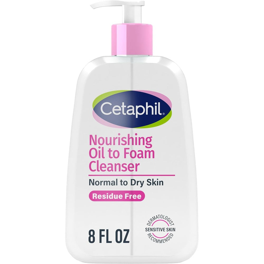 Cetaphil Nourishing Oil to Foam Facial Cleanser front view of the eight fluid ounce pump bottle