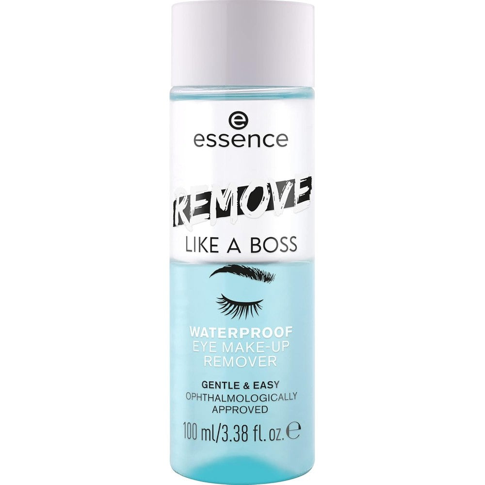 Essence Remove Like A Boss Waterproof Eye And Face Make Up Remover front view bottle showing bi-phase blue and clear liquid layers.