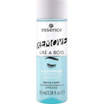 Essence Remove Like A Boss Waterproof Eye And Face Make Up Remover front view bottle showing bi-phase blue and clear liquid layers.