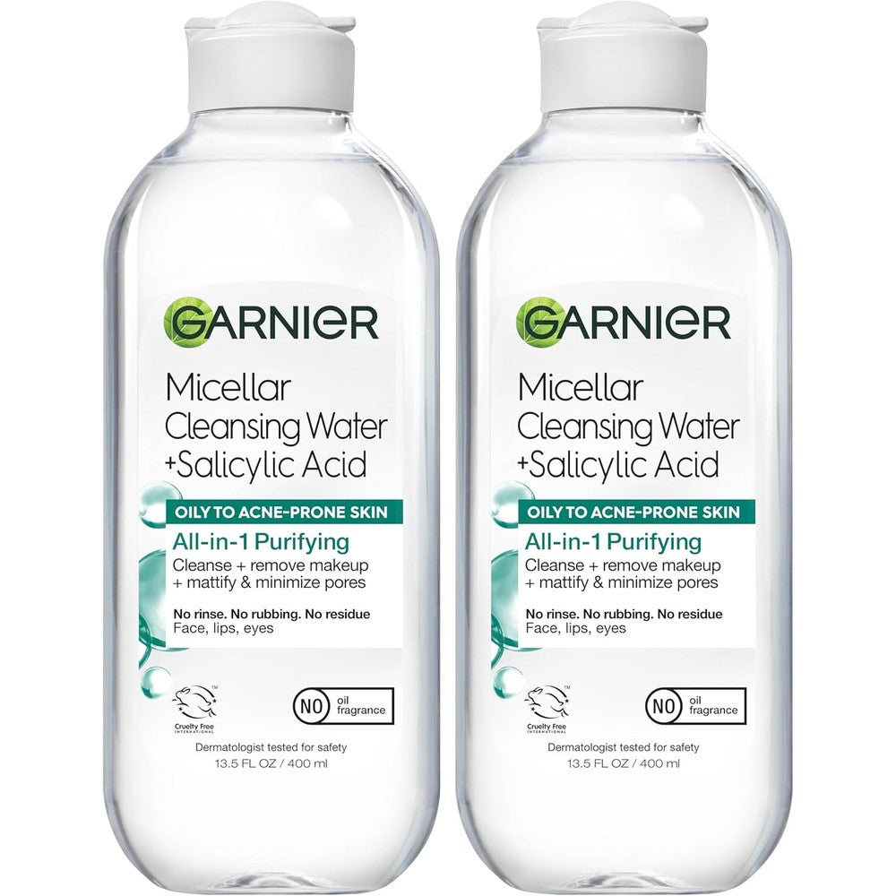 Garnier SkinActive Micellar Water with Salicylic Acid twin pack front view facial cleanser for acne prone skin