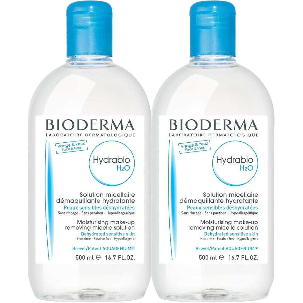 Bioderma Hydrabio DUO H2O Micellar Water front view showing twin imported value bottles for dehydrated skin.