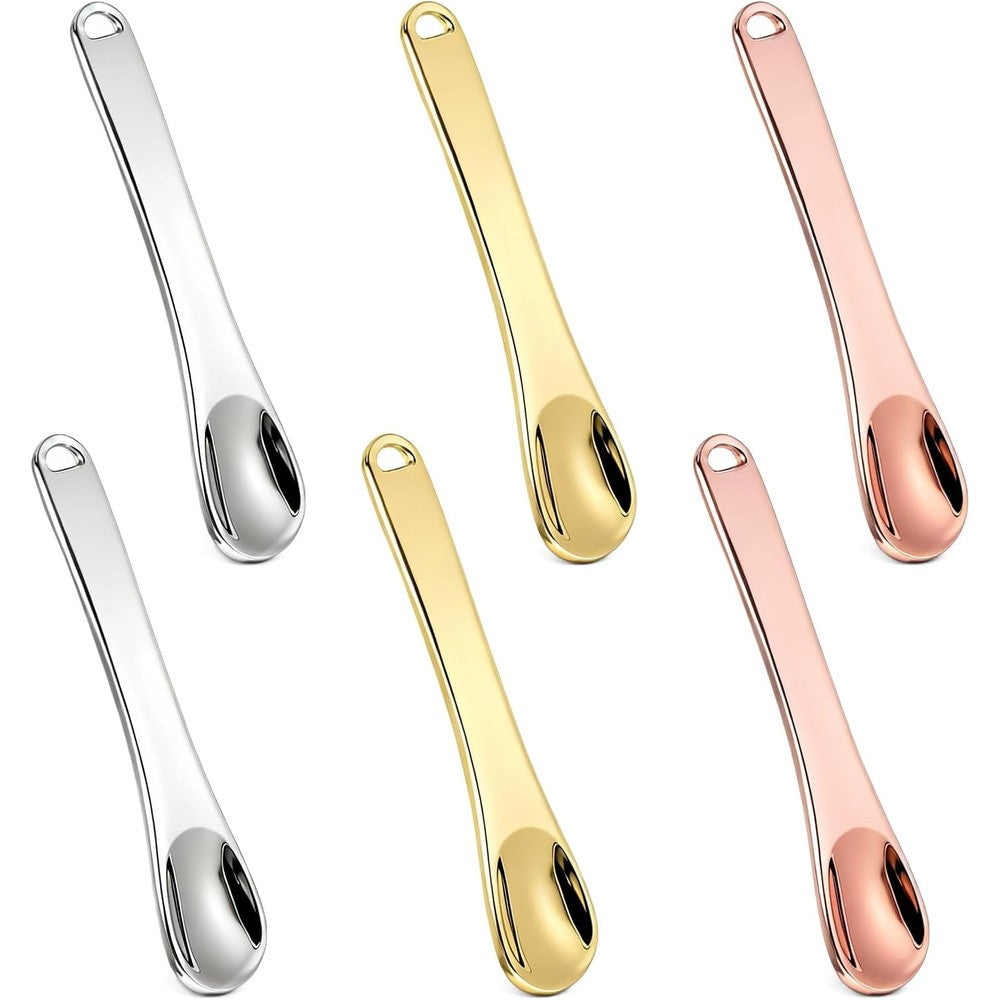 Tekson metal cosmetic skincare spatula set showing six reusable mini makeup scoop spoons in gold silver and rose gold finishes