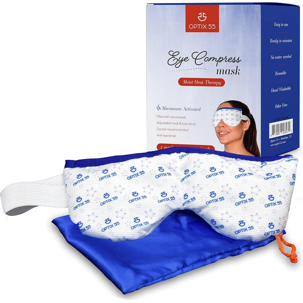 Optix 55 Eye Mask for Dry Eyes front view showing blue star pattern and adjustable strap for moist heat compress therapy.