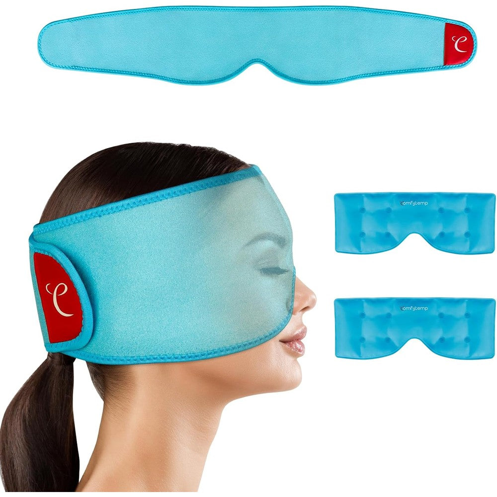 Comfytemp Cooling Eye Mask front view showing the blue adjustable head wrap and reusable gel ice packs for hot and cold eye therapy.