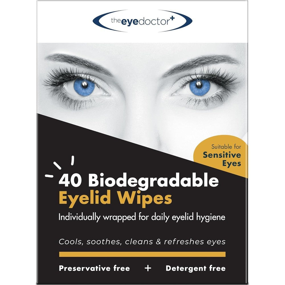 The Eye Doctor Biodegradable Eyelid Wipes eighty pack front view showing packaging details
