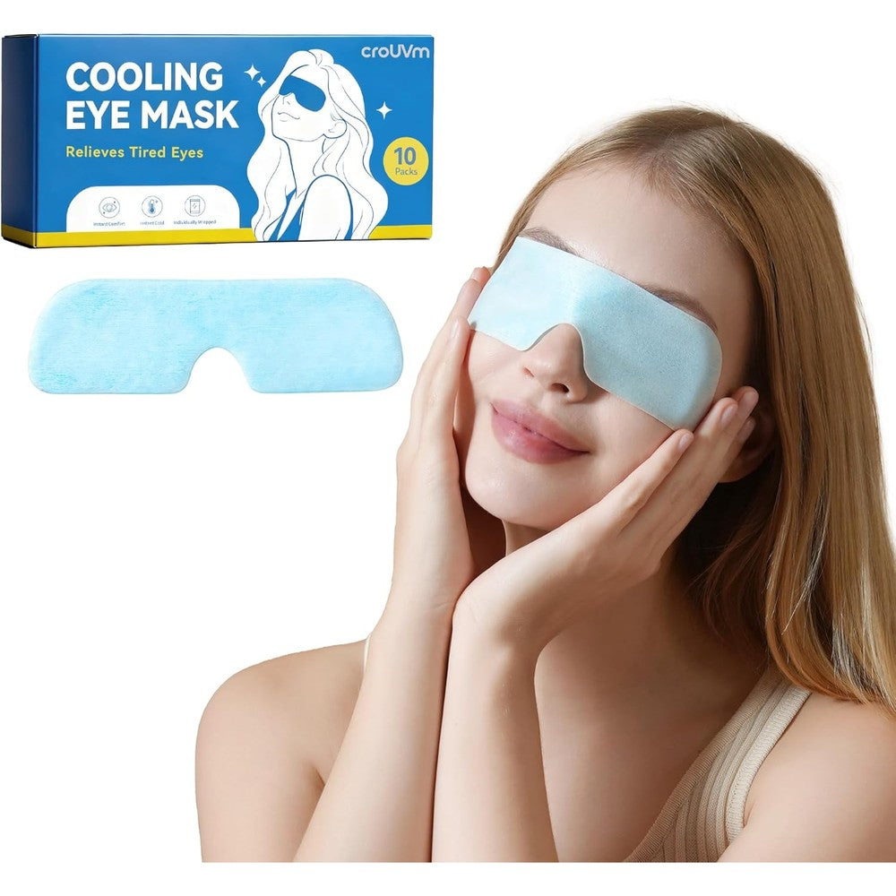 Roves Fashion CROUVM Hydrogel Self Cooling Eye Masks front view of the 10 pack box showing individual wrapped cold compress patches.