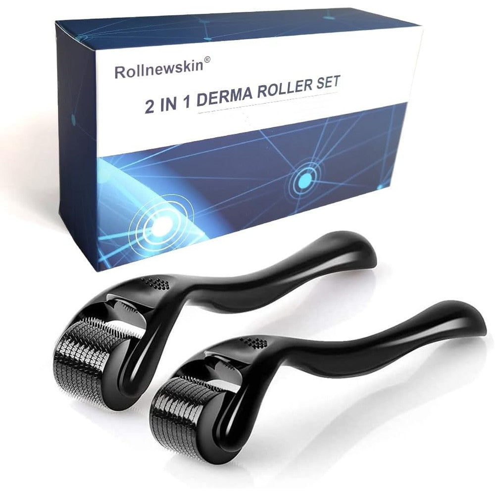 AUFGELD 2 Pack Derma Roller Microneedle tool showing the front view of the two black handles and titanium needle roller heads.
