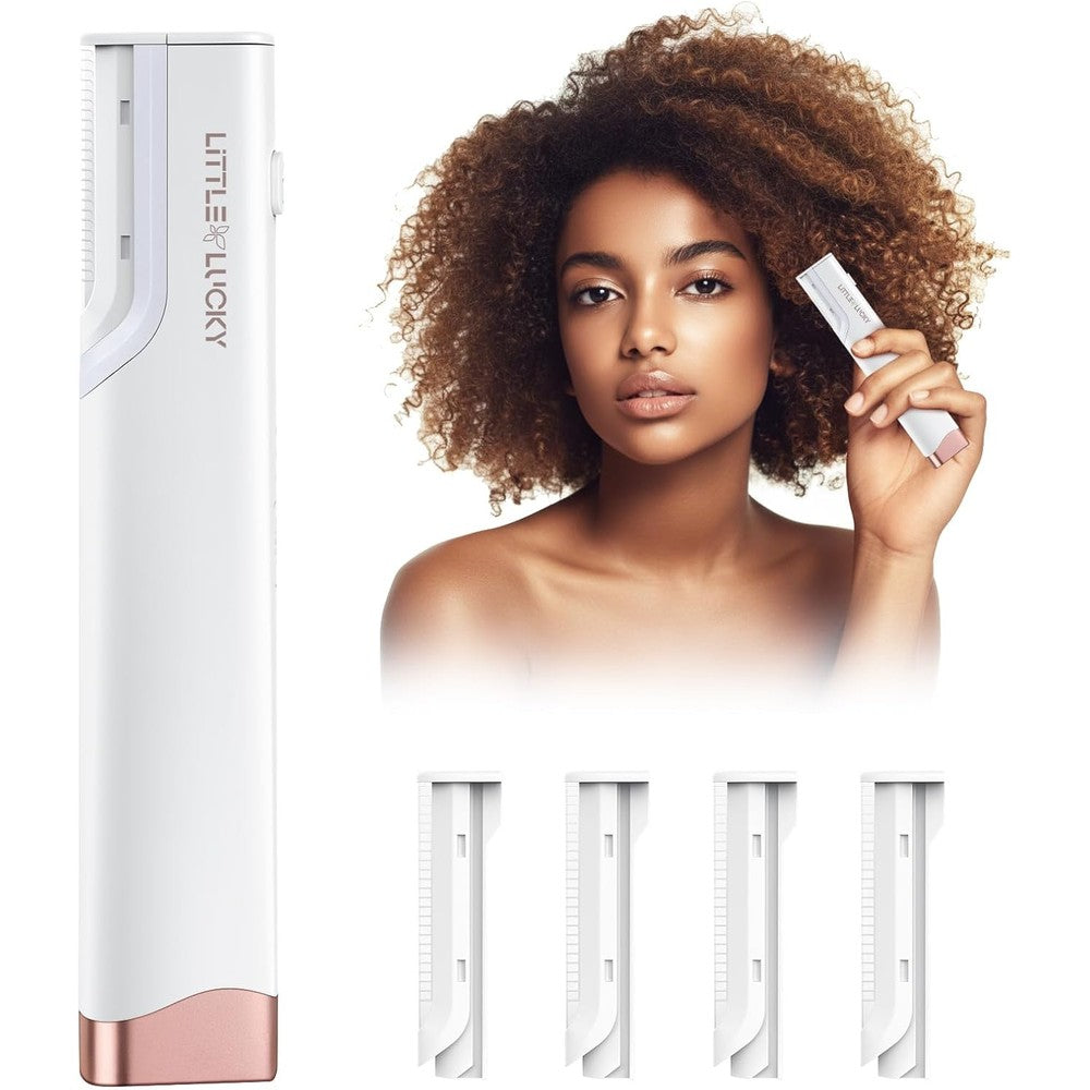 Littlelucky Sonic Dermaplaning Tool front view showing rechargeable white handle with rose gold base and premium refill blades.
