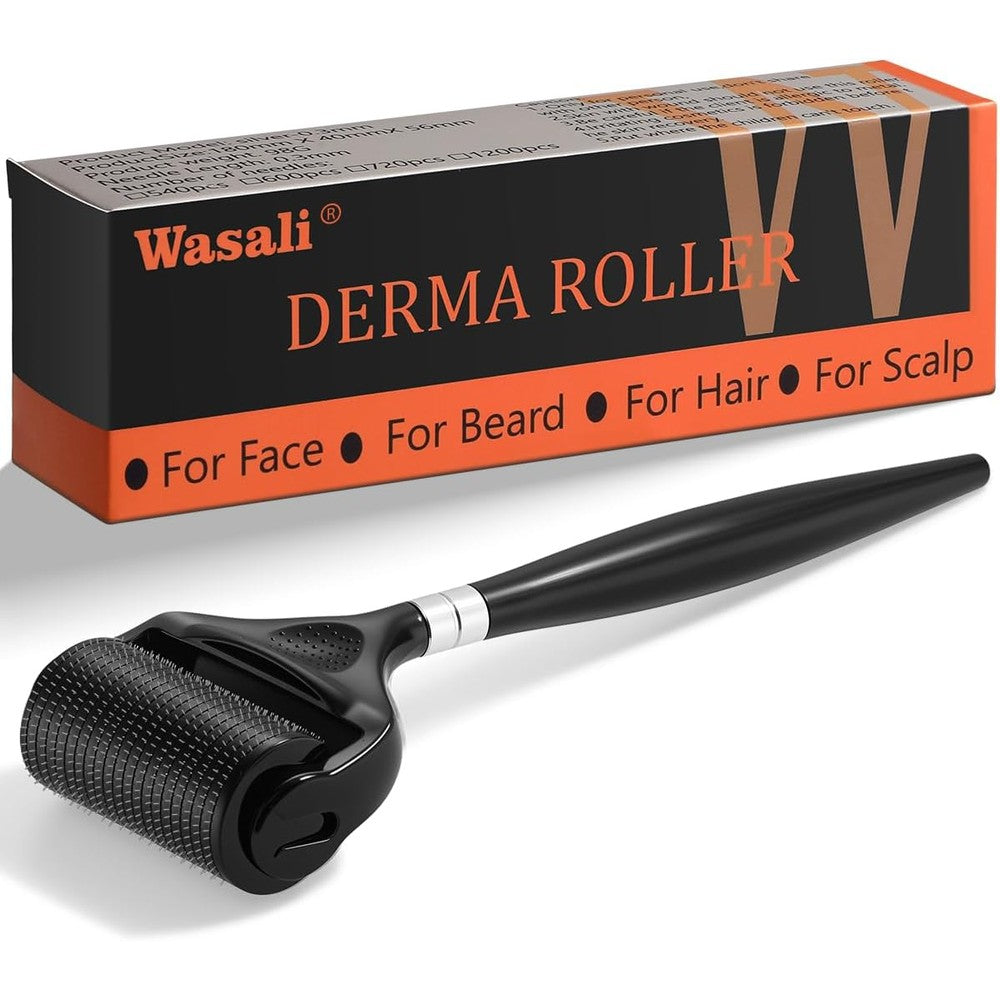 Wasali Titanium Derma Roller front view showcasing the high density microneedle head and premium black handle with its protective storage case.