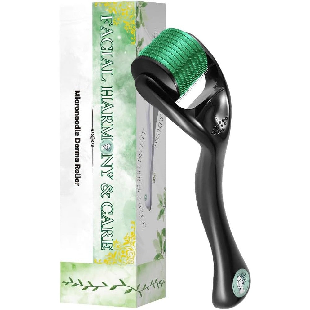 Facial Harmony & Care Black Derma Roller 0.25mm front view in its premium storage case for microneedling therapy