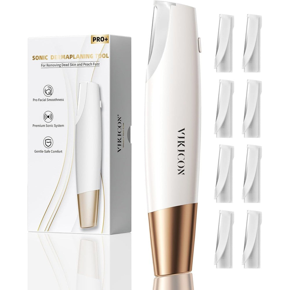 VIKICON sonic dermaplaning tool in white with rose gold accents and replacement blades front view