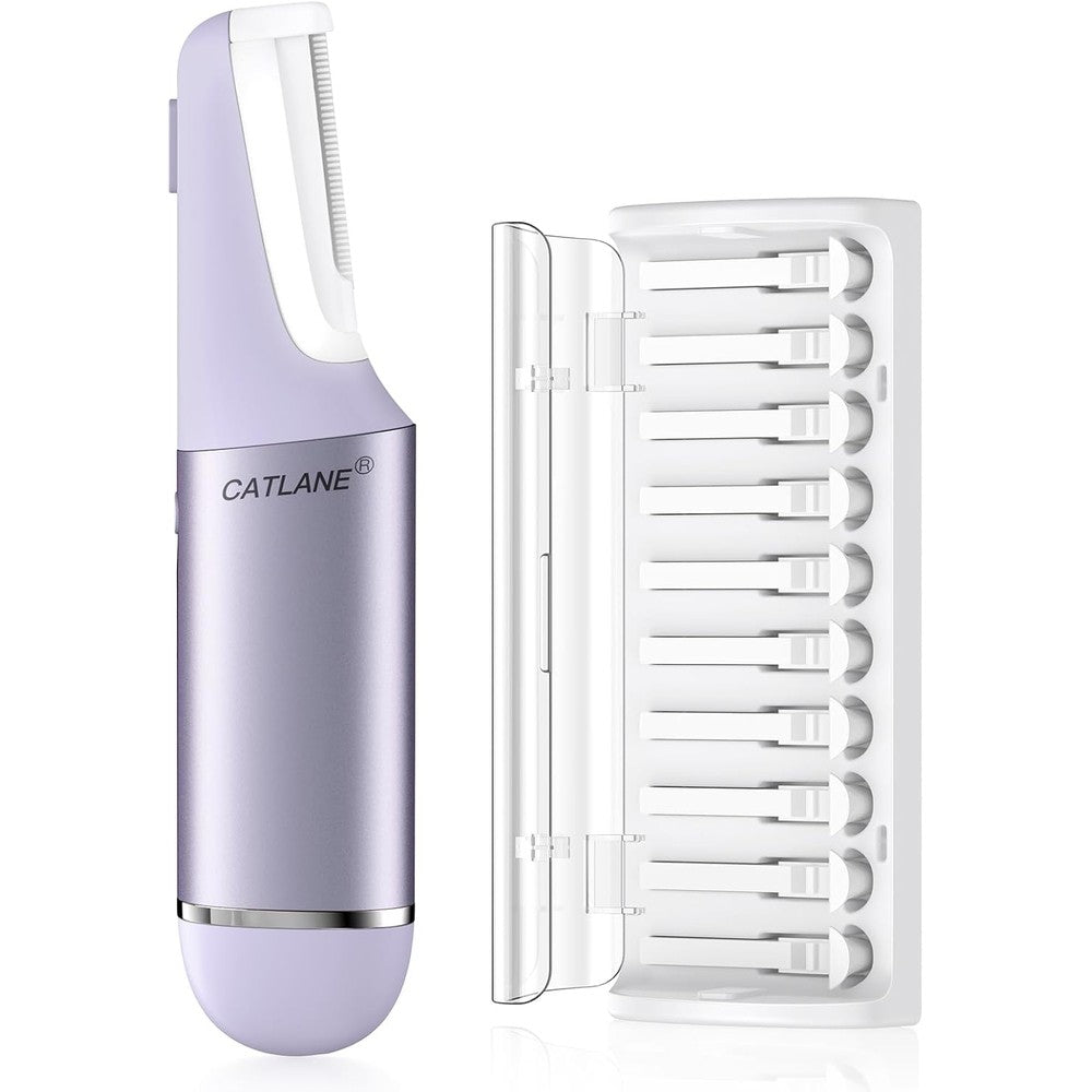 CATLANE sonic dermaplaning razor tool in twilight purple front view with replacement blades