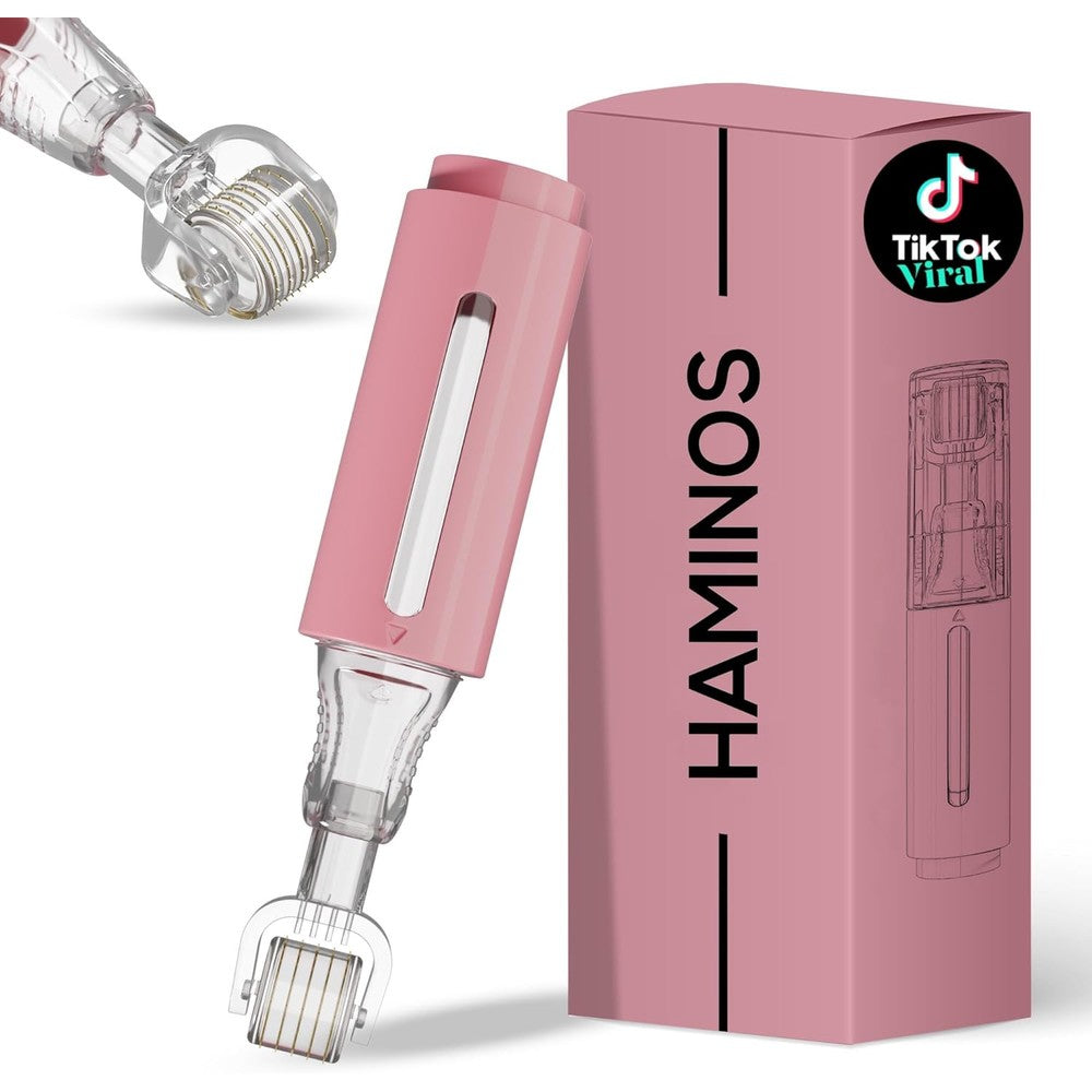 Haminos Derma Roller with built-in serum reservoir front view featuring pink accent color and titanium microneedles.