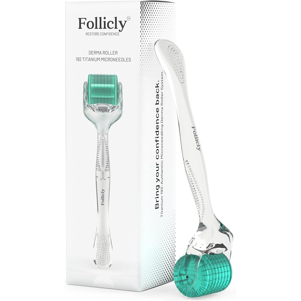 Follicly Professional Derma Roller with 192 titanium microneedles and clear storage case front view