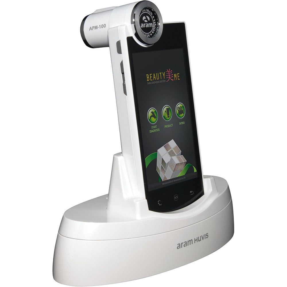Aram Huvis APM-100 skin analysis device front view with charging cradle