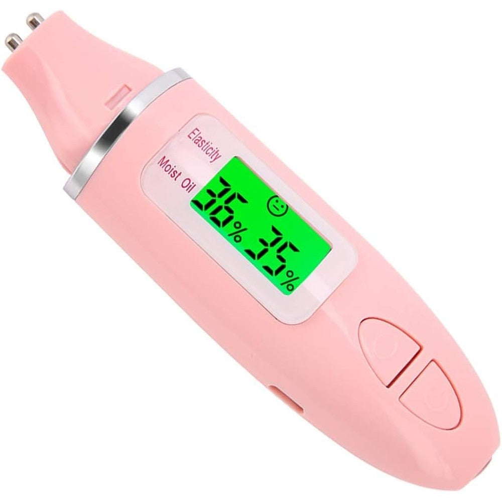 Ymiko digital skin analyzer front view showing moisture and oil percentages on the LCD screen