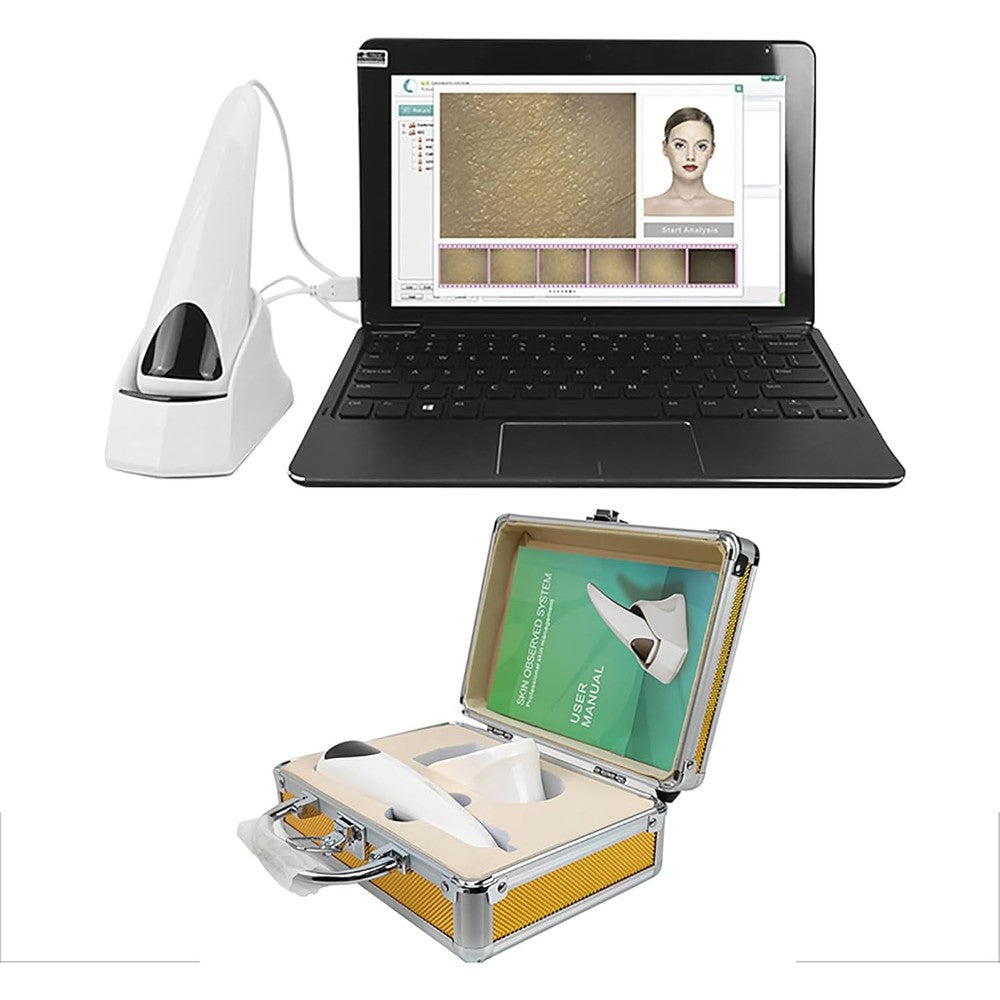 STMKB Intelligent Skin Management Instrument front view with integrated touchscreen laptop showing facial analysis software.