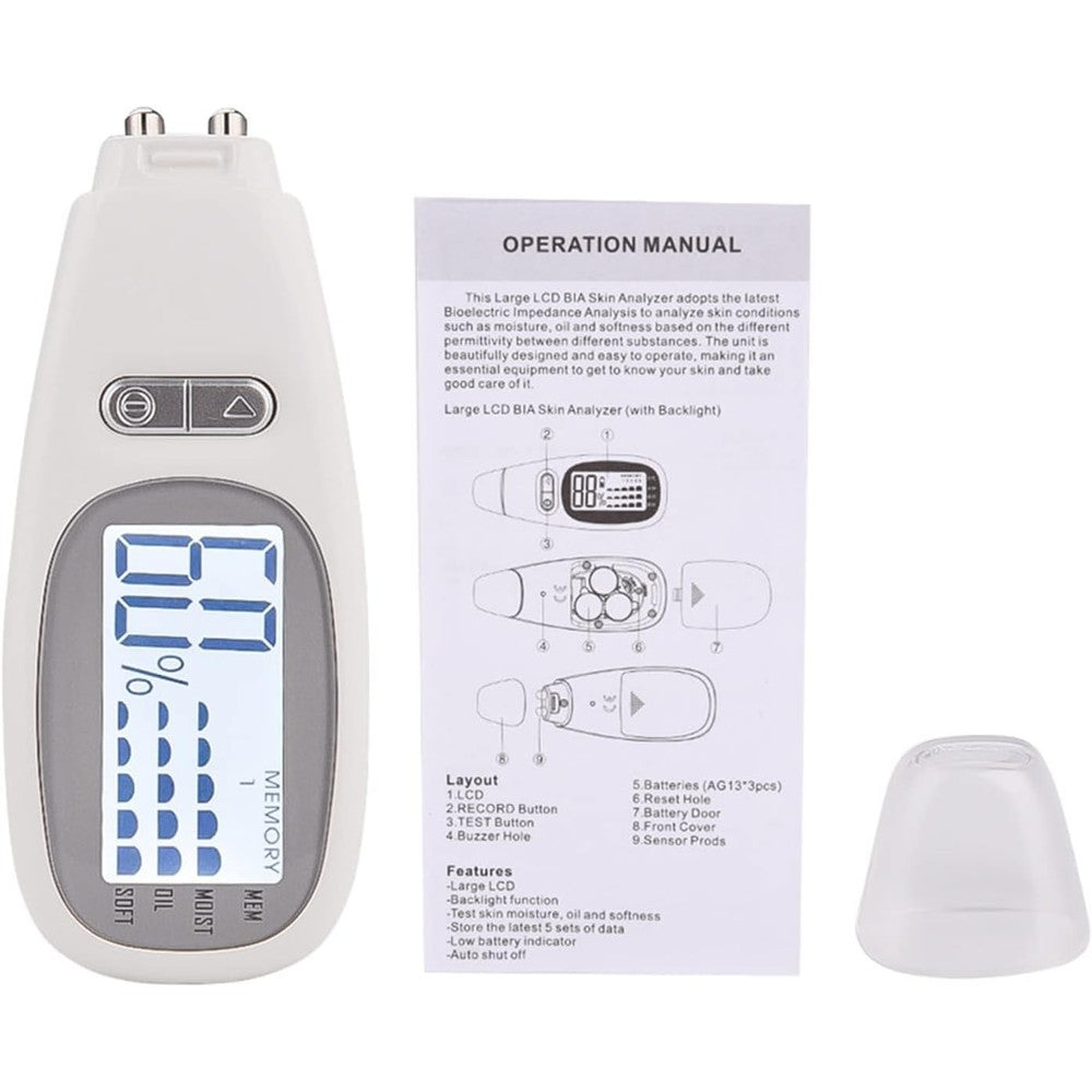DGFJY Skin Detector Moisture Tester front view showing the backlit digital LCD screen displaying hydration percentages.