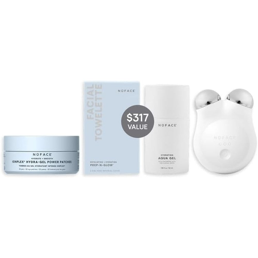NuFACE MINI+ Ultimate Uplift Kit front view with brilliant white microcurrent device and skincare products.
