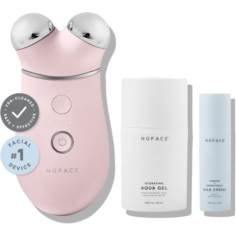 NuFACE Trinity+ Microcurrent Facial Device Kit front view showing the sandy rose colored toning device and conductive gel primers.
