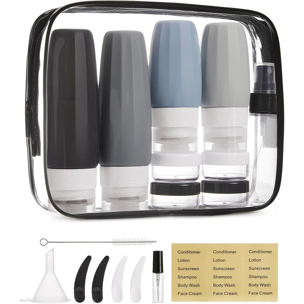 Bagsmart 18 pack travel bottles for toiletries front view showing entire grey silicone set
