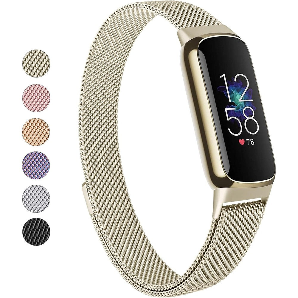 Vanjua stainless steel mesh band attached to a gold Fitbit Luxe tracker