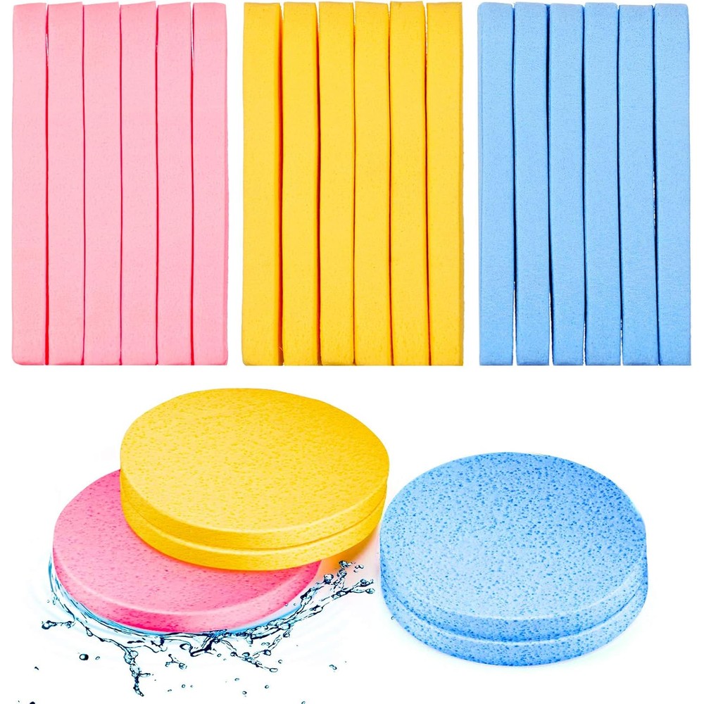 Patelai 120 pieces compressed facial sponge front view pack of pink yellow and blue cleansing pads