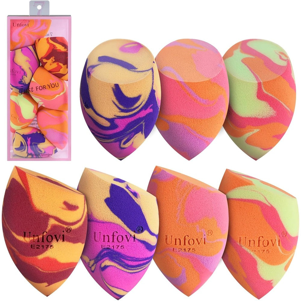 Unfovi tri color makeup sponge set front view showing seven multicolored blending sponges
