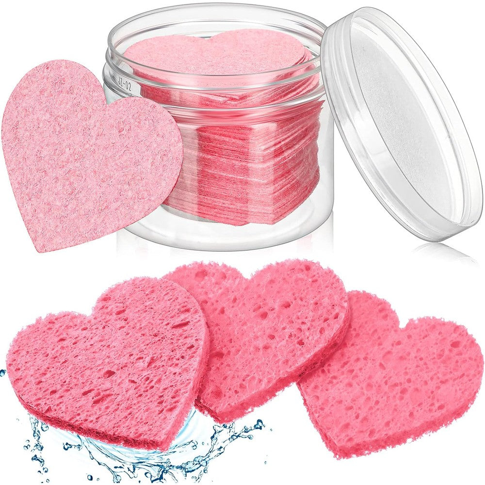 Nuenen heart shape compressed facial sponges 60 pieces set front view in clear plastic storage container