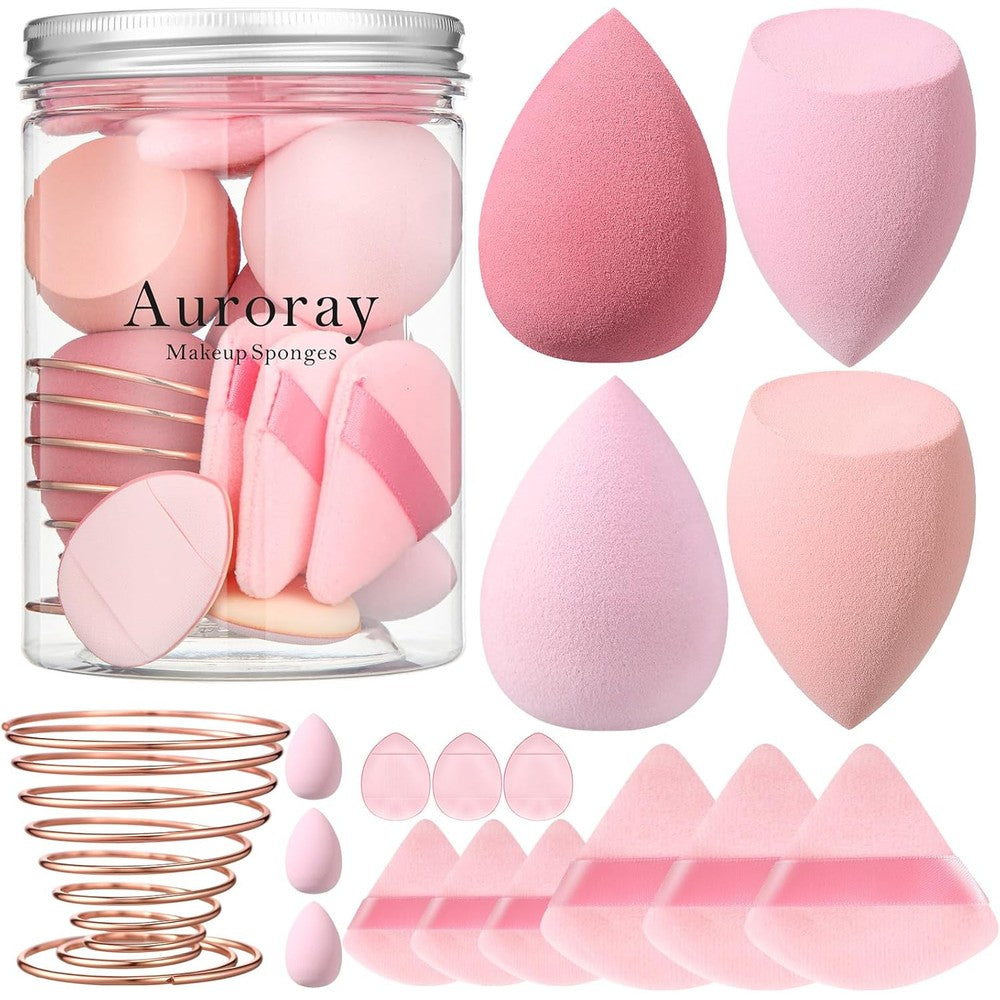 Auroray 17 piece makeup sponge set front view featuring pink blending sponges and triangle powder puffs inside a storage jar.