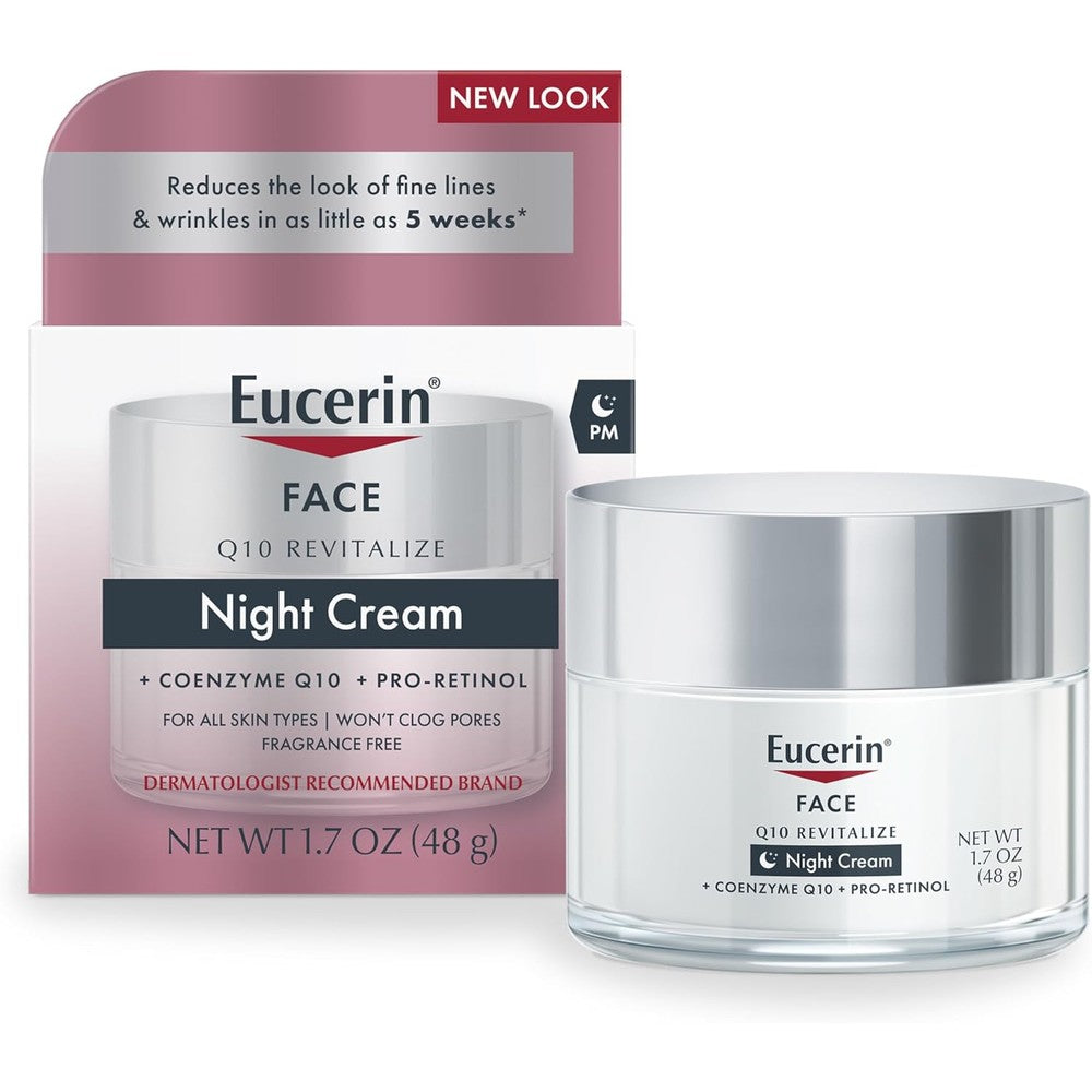 Eucerin Q10 Anti-Wrinkle Night Cream front view of the 1.7 ounce jar on a clean white background