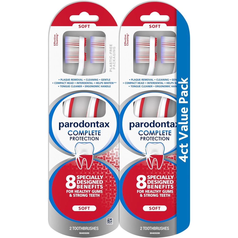 Parodontax Complete Protection Soft Toothbrush front view in 4 pack packaging.