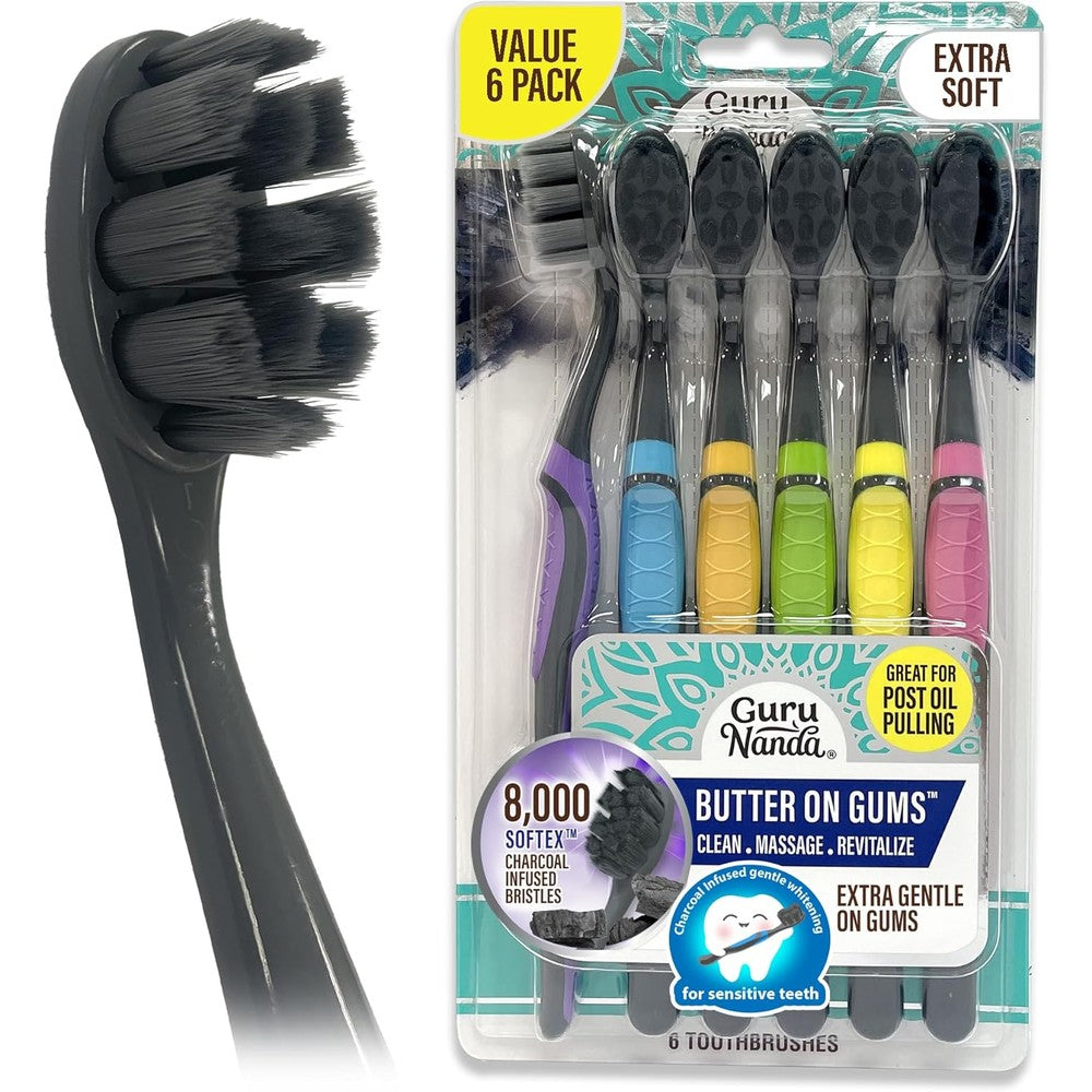 GuruNanda Butter on Gums charcoal toothbrush 6 count pack front view