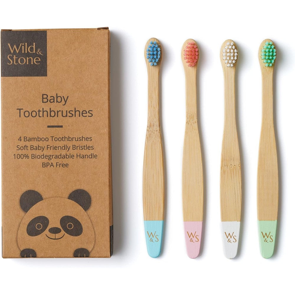 Wild And Stone Organic Baby Bamboo Toothbrushes With Extra Soft Bristles And Compostable Handle Multicolour 4 Pack