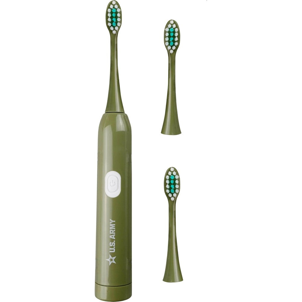 U.S. Army electric toothbrush front view showing the olive green body and sonic brush head.
