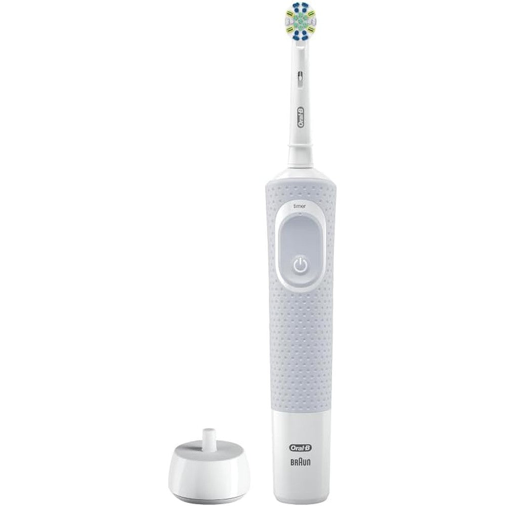 Braun Oral-B Vitality FlossAction electric toothbrush front view showing white handle and charging base