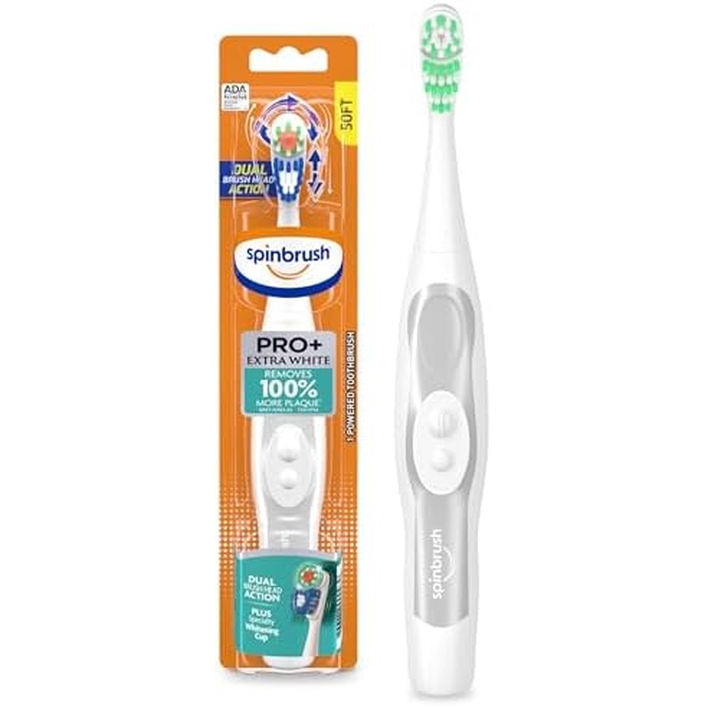 Arm and Hammer Spinbrush PRO+ Extra White electric toothbrush front view showing dual action head.