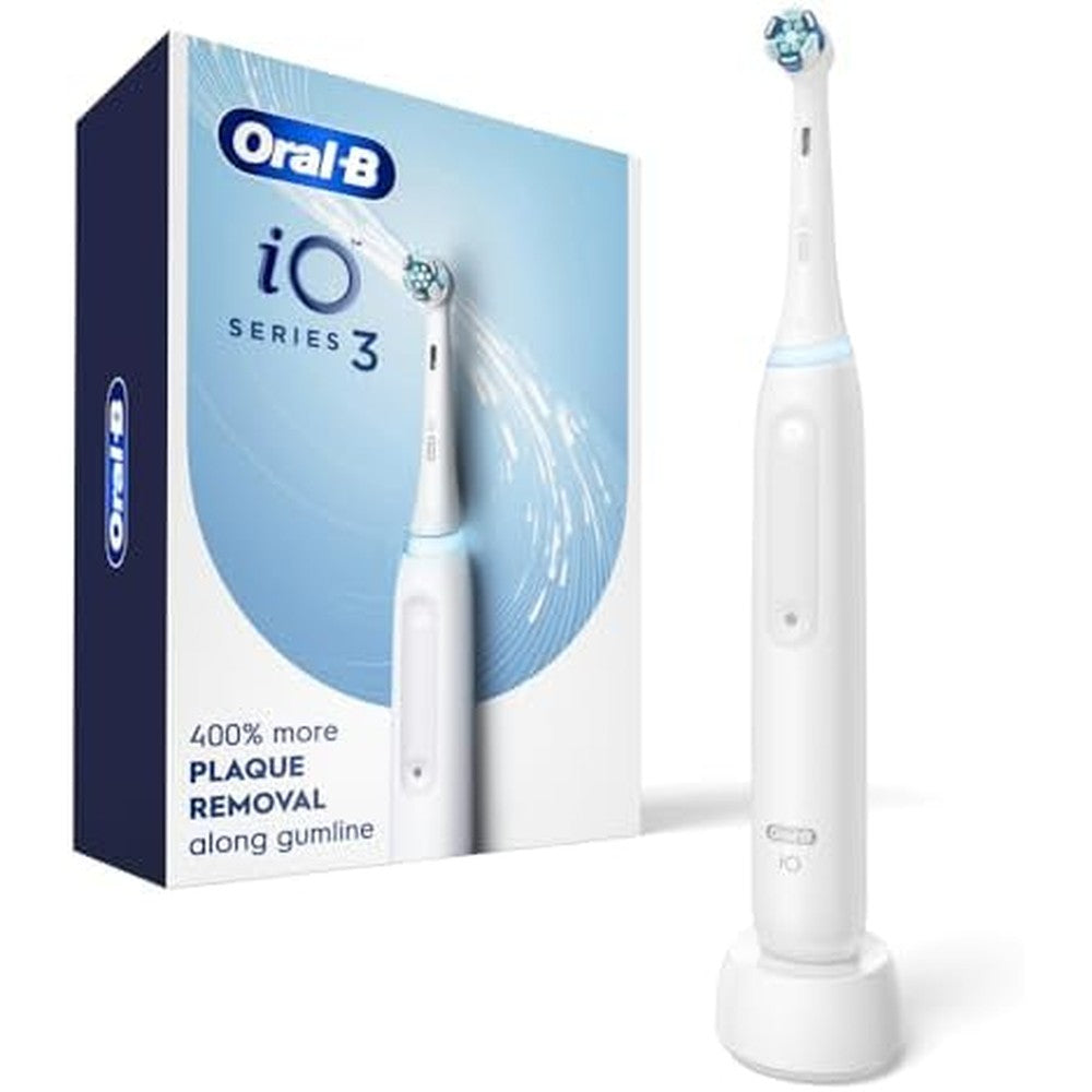 Oral-B iO Series 3 Rechargeable Electric Toothbrush front view showing the sleek white handle and round brush head.