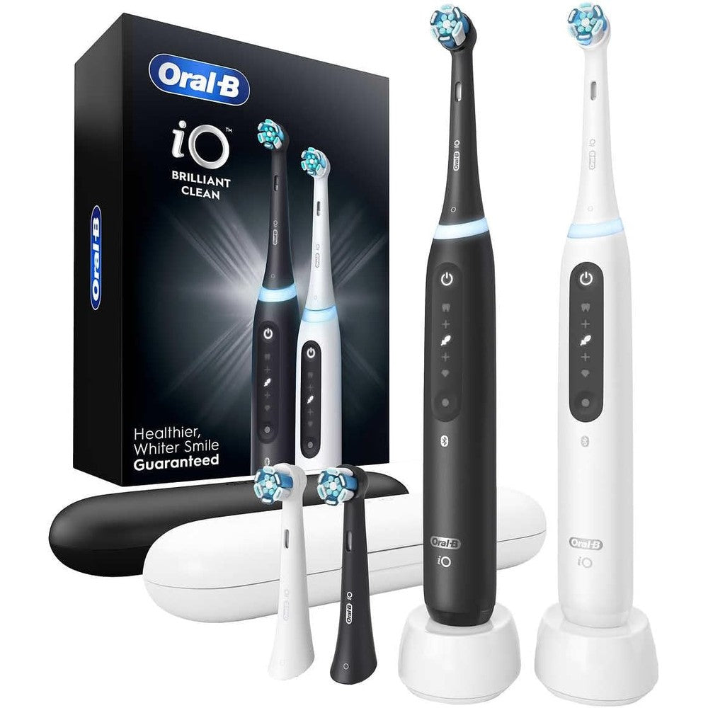 Oral-B iO Series 5 Brilliant Clean Electric Toothbrush twin pack front view showing black and white handles