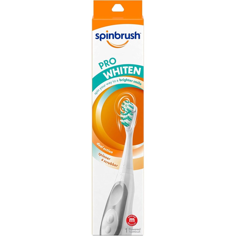 Spinbrush Pro Whiten battery powered toothbrush front view showing dual action medium bristle brush head