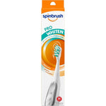Spinbrush Pro Whiten battery powered toothbrush front view showing dual action medium bristle brush head