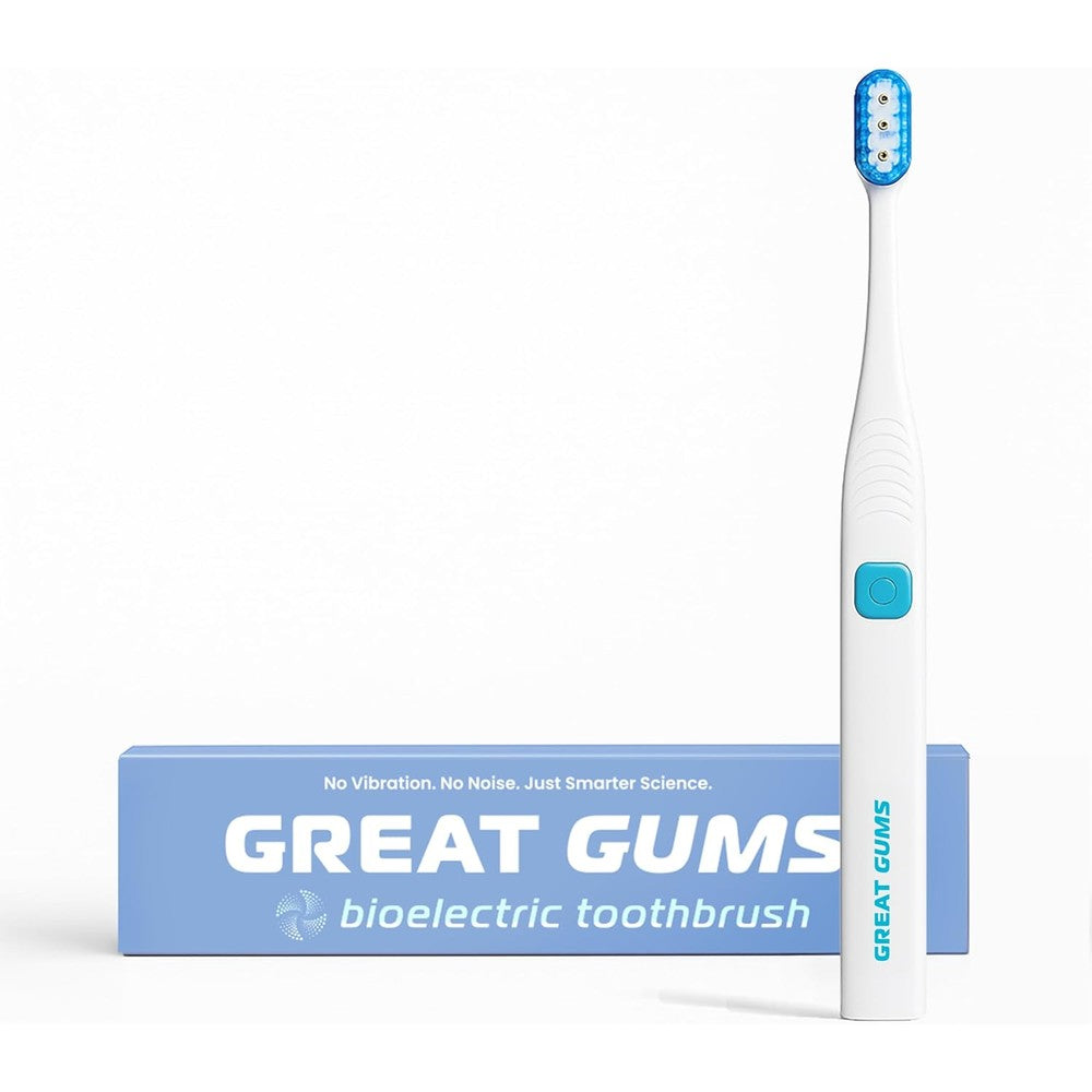 Great Gums Lite bioelectric toothbrush front view showing the sleek non vibrating handle and ultra soft bristle head