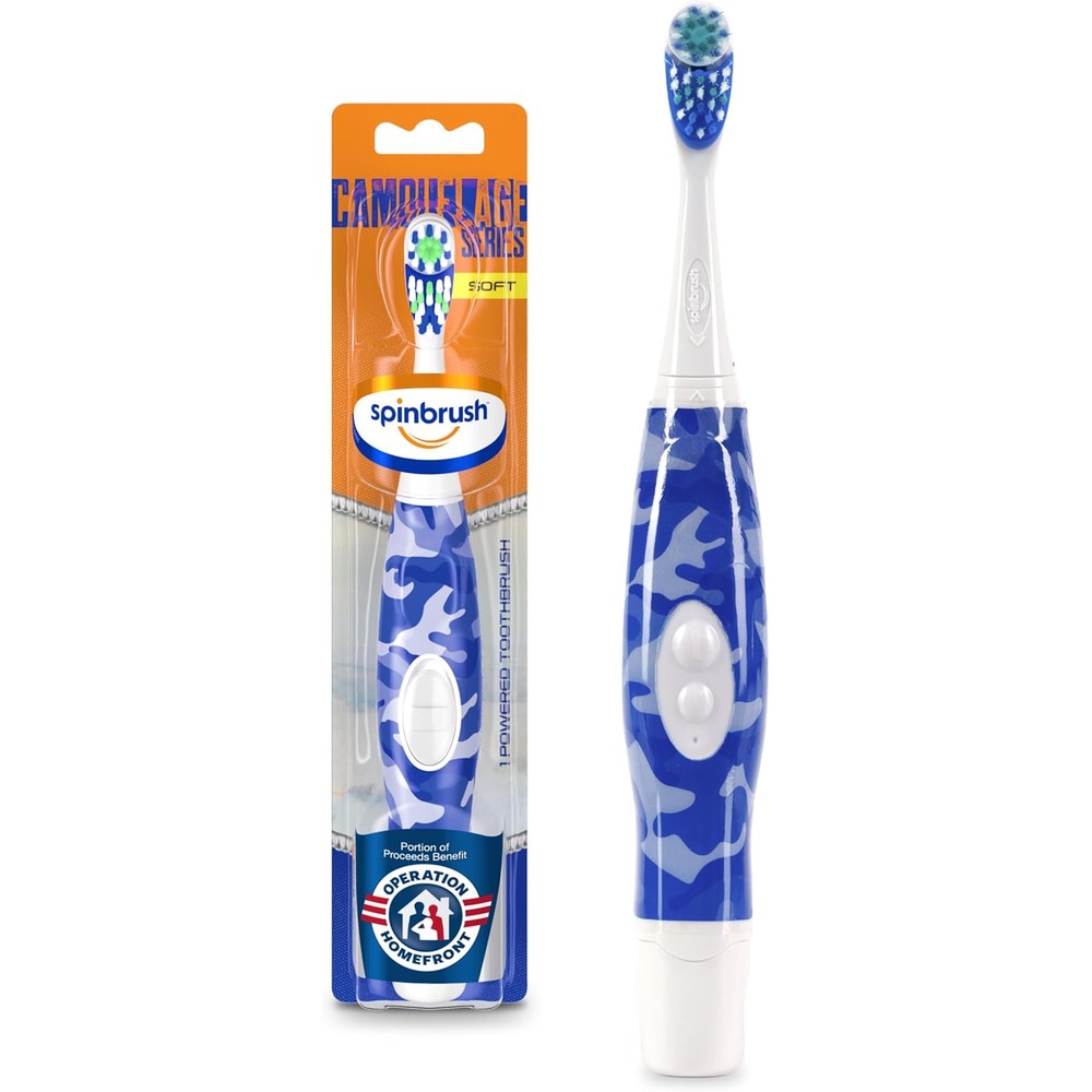 Arm And Hammer Spinbrush Camouflage Kids Toothbrush front view showing the dual action soft bristle head.