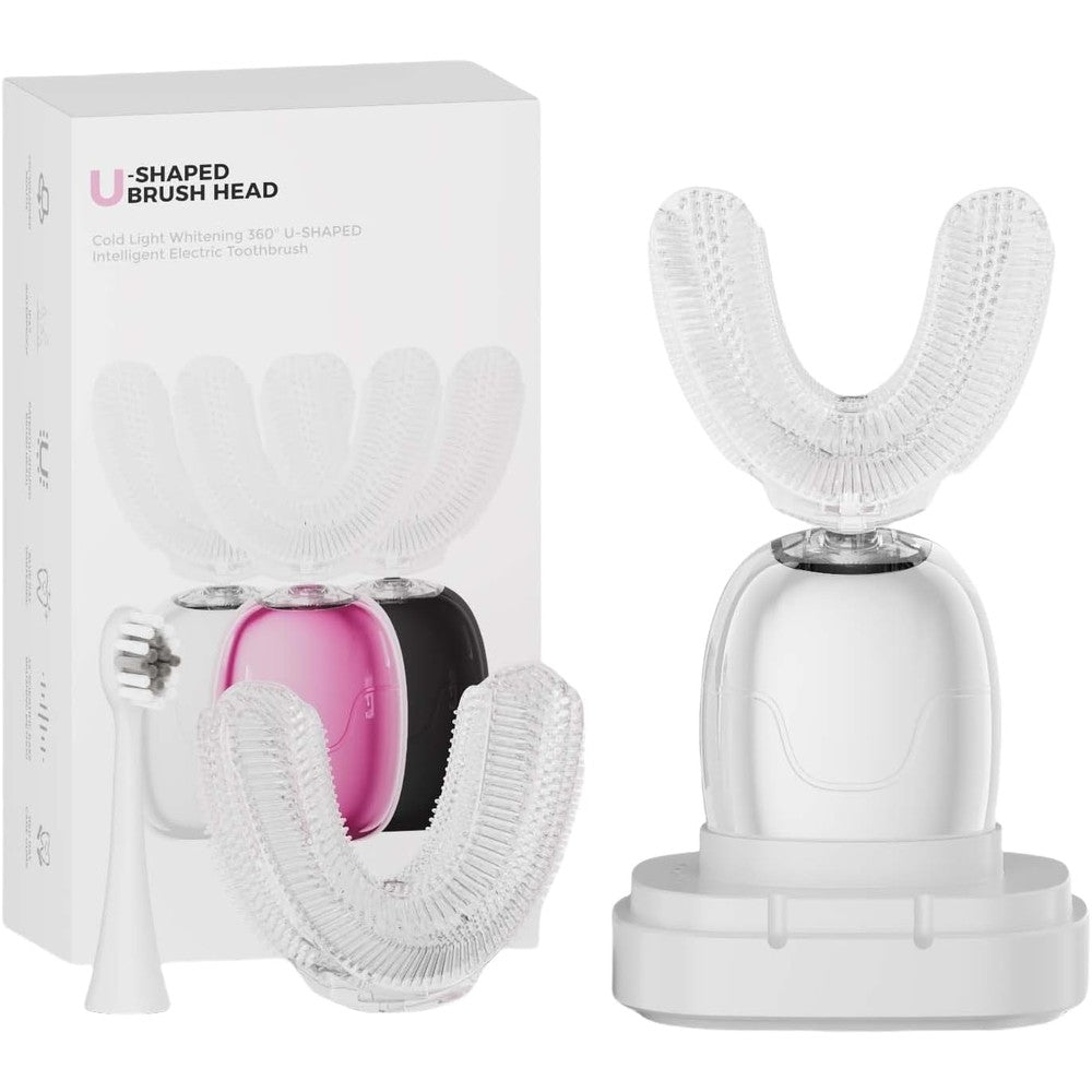 LIFMHYH electric toothbrush for adults front view showing sleek white handle and premium silicone U shaped brush head.