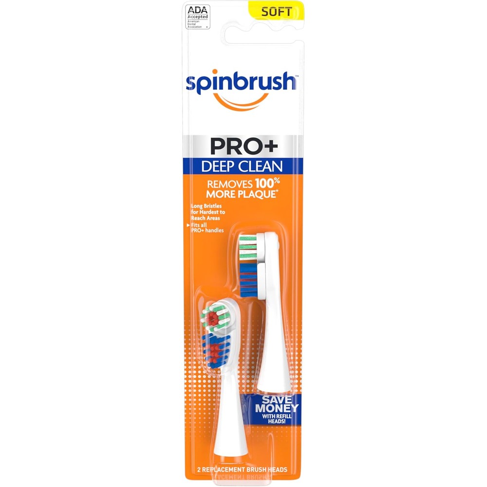 Spinbrush Arm and Hammer Pro Plus Deep Clean refills pack front view showing two replacement toothbrush heads.